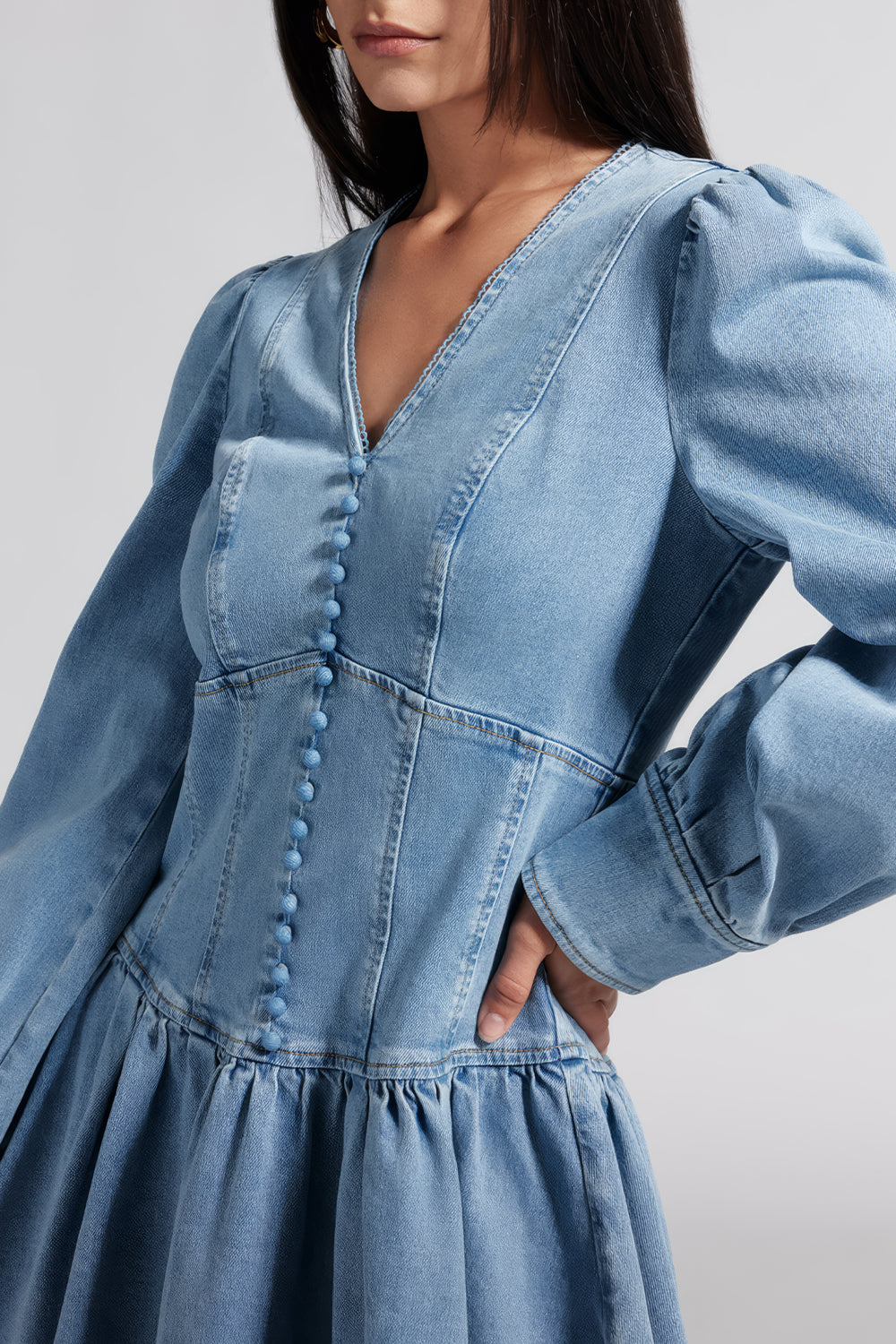 V-Neck Button-Detail Denim Mini Dress