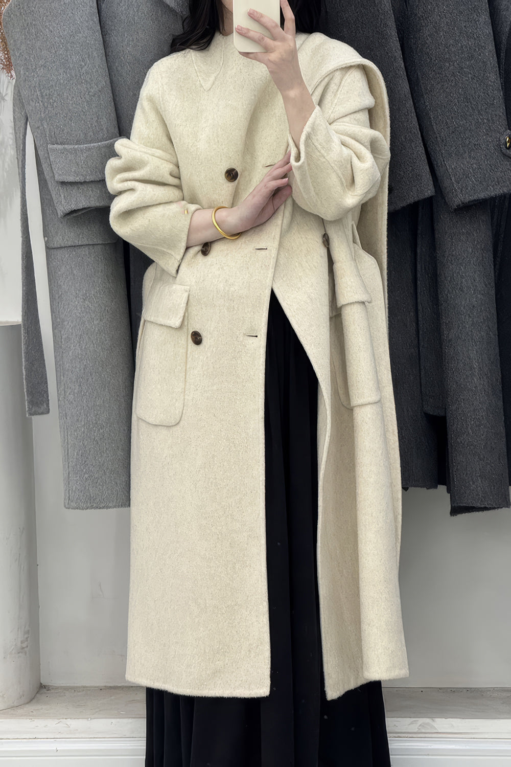 Wrap Double-Breasted Coat with Shawl Lapel