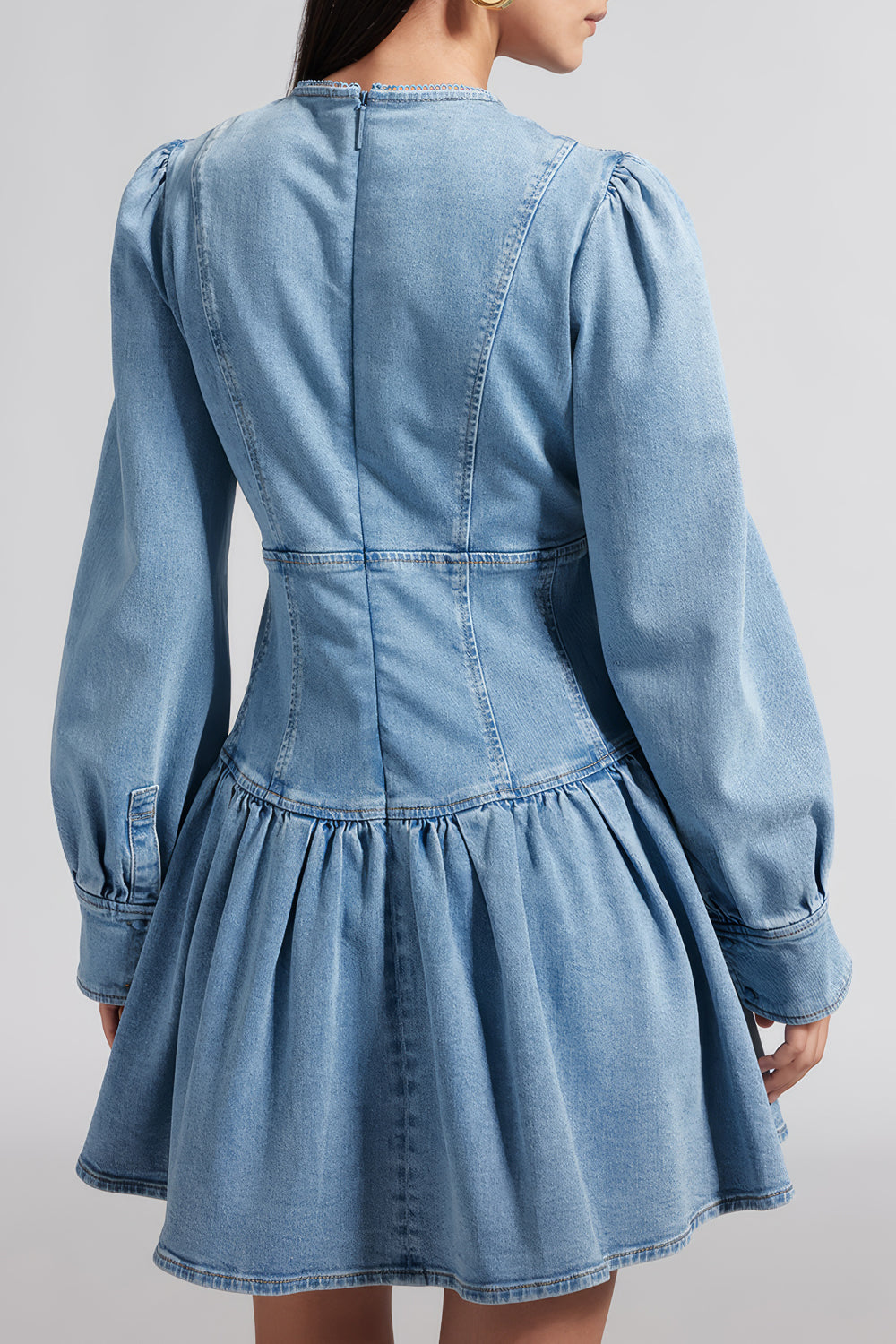 V-Neck Button-Detail Denim Mini Dress