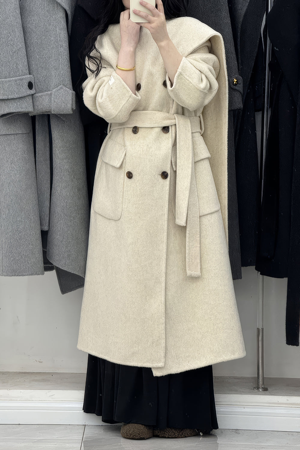 Wrap Double-Breasted Coat with Shawl Lapel