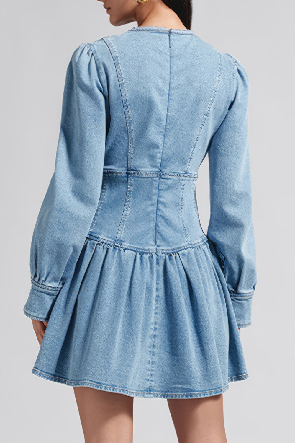 V-Neck Button-Detail Denim Mini Dress