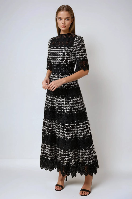 Short Sleeve Lace Midi Dress - Black