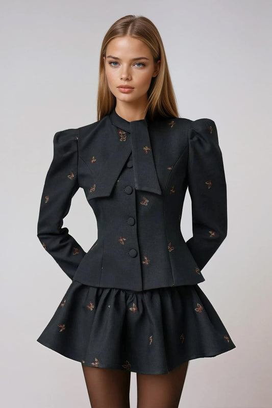 Two-Piece Set with Puff Sleeve Jacket and Mini Skirt - Gray