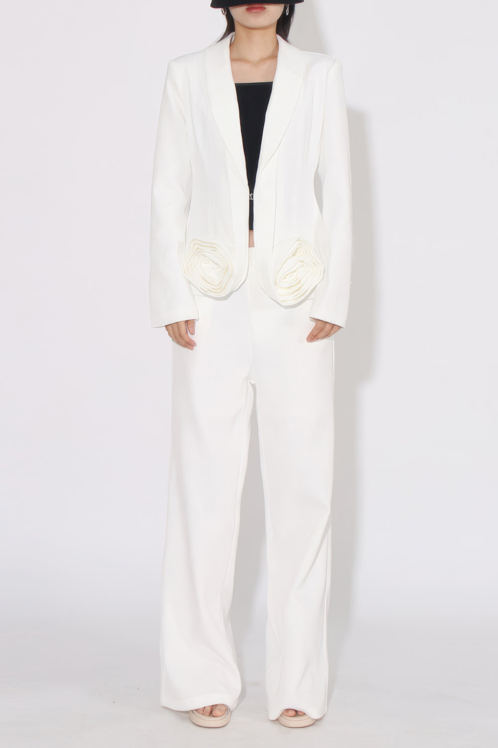 Two-Piece Set with Rose Accent Blazer and High-Waisted Trousers