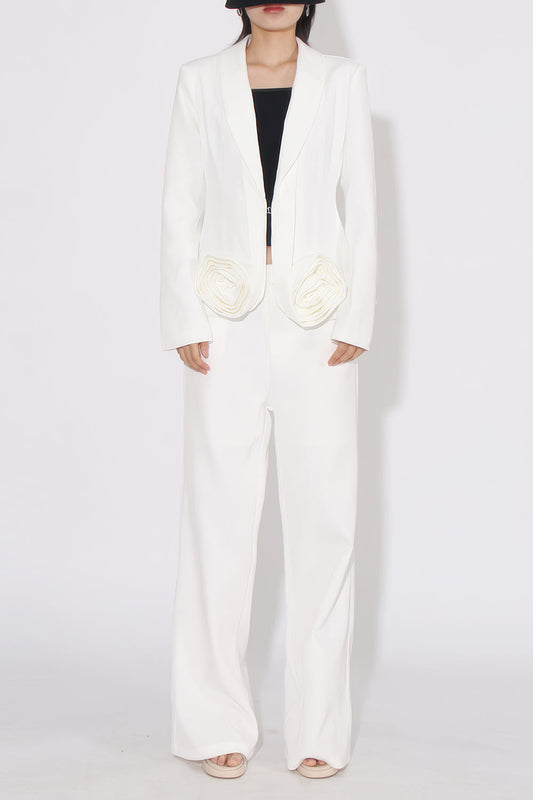 Two-Piece Set with Rose Accent Blazer and High-Waisted Trousers