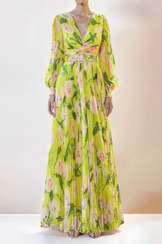 Pleated Floral Print Maxi Dress with Belted Waist - Yellow