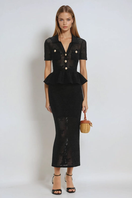 Short Sleeve Button Detail Midi Dress - Black