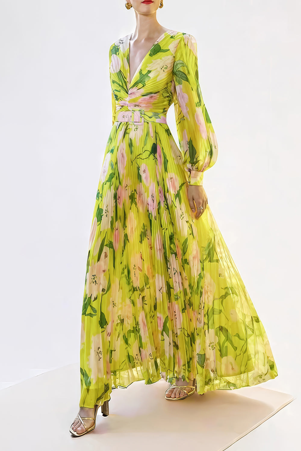 Pleated Floral Print Maxi Dress with Belted Waist - Yellow