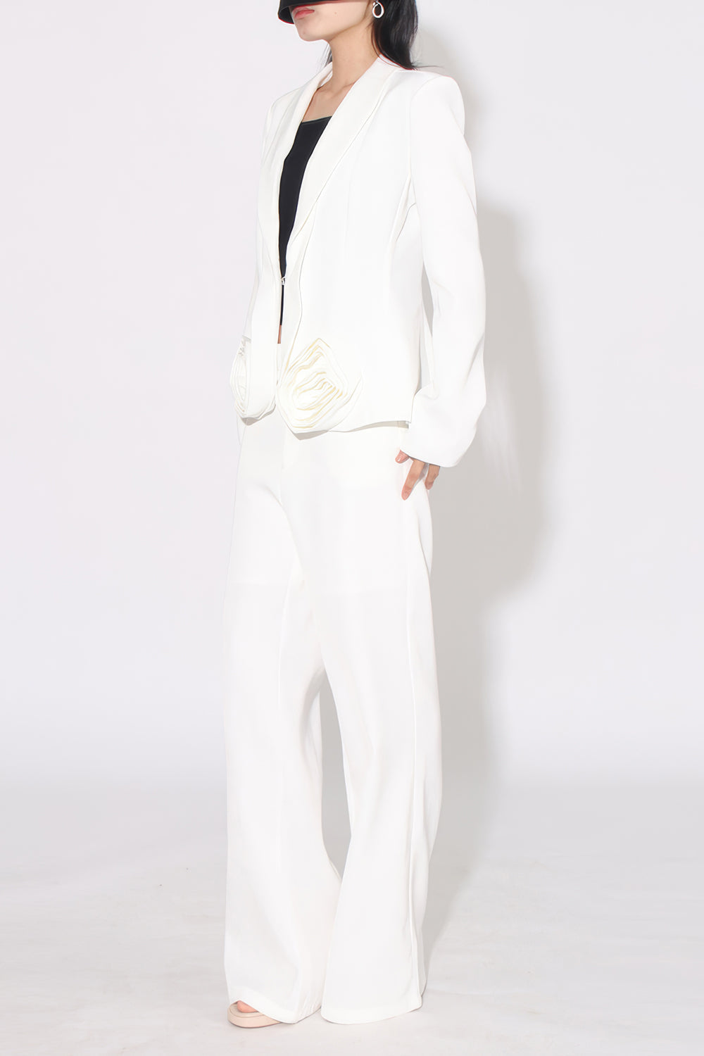Two-Piece Set with Rose Accent Blazer and High-Waisted Trousers