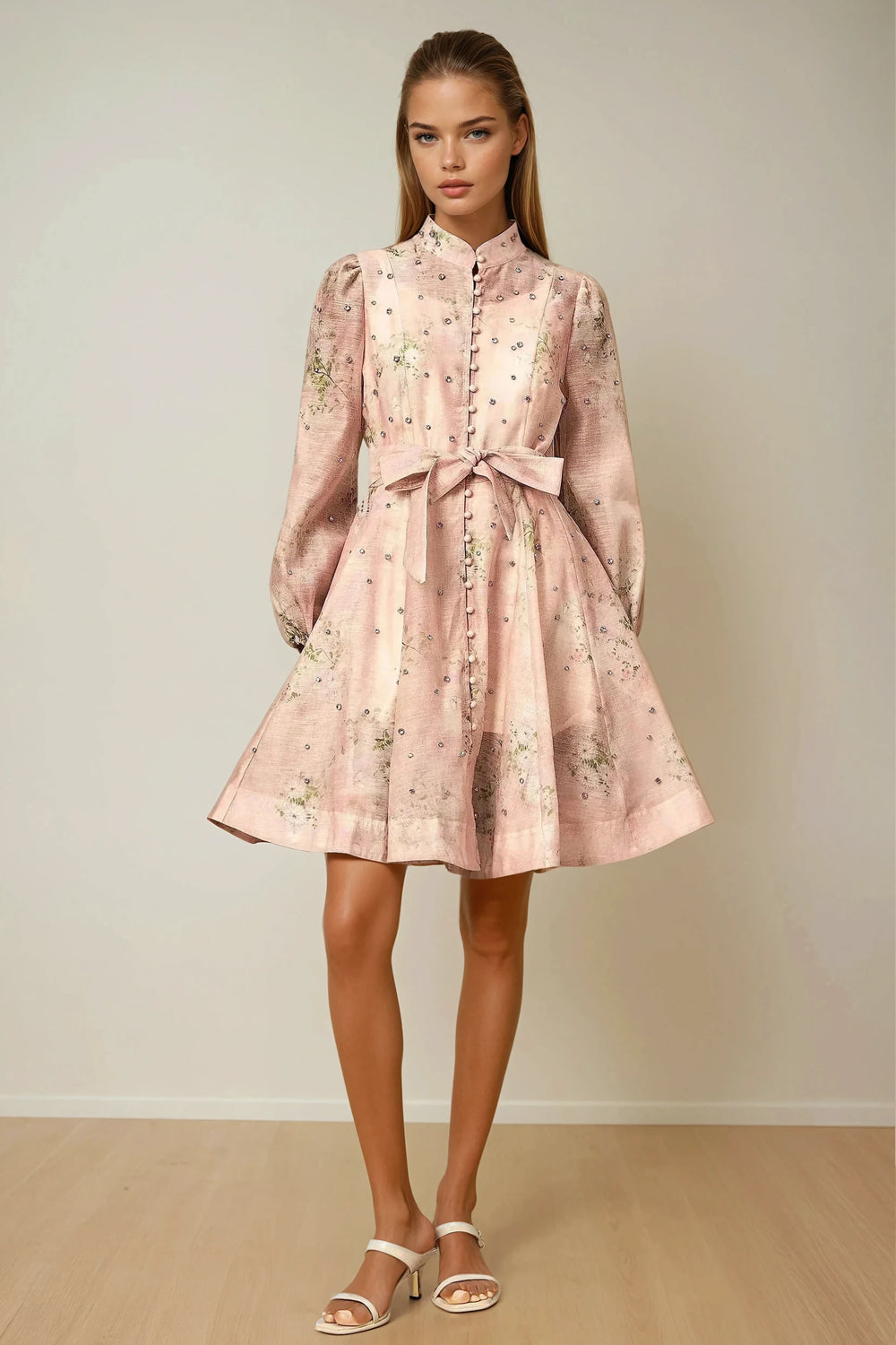 Mini Dress with Embellished Details and Belted Waist - Pink