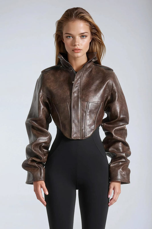 Cropped Leather Jacket with Belt Detail - Brown