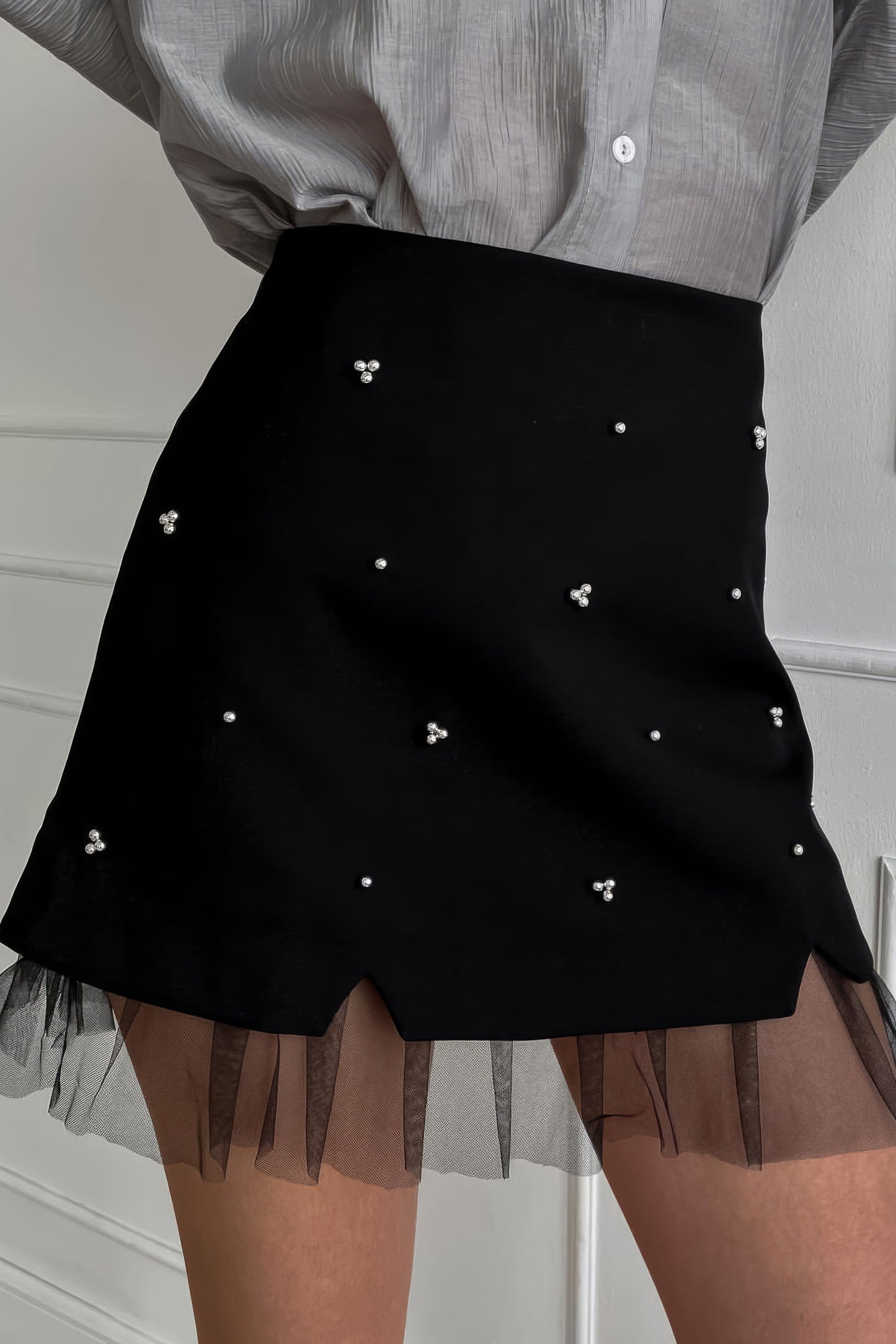 Embellished Mini Skirt with Tulle Hem - Black