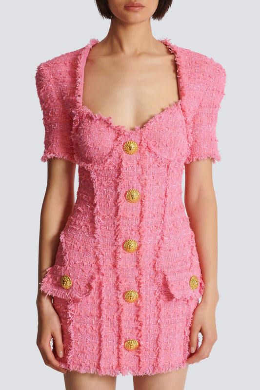 Textured Mini Dress with Gold Button Detailing