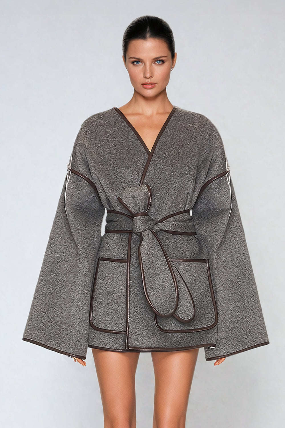 Belted Coat with Wide Sleeves and Patch Pockets - Gray