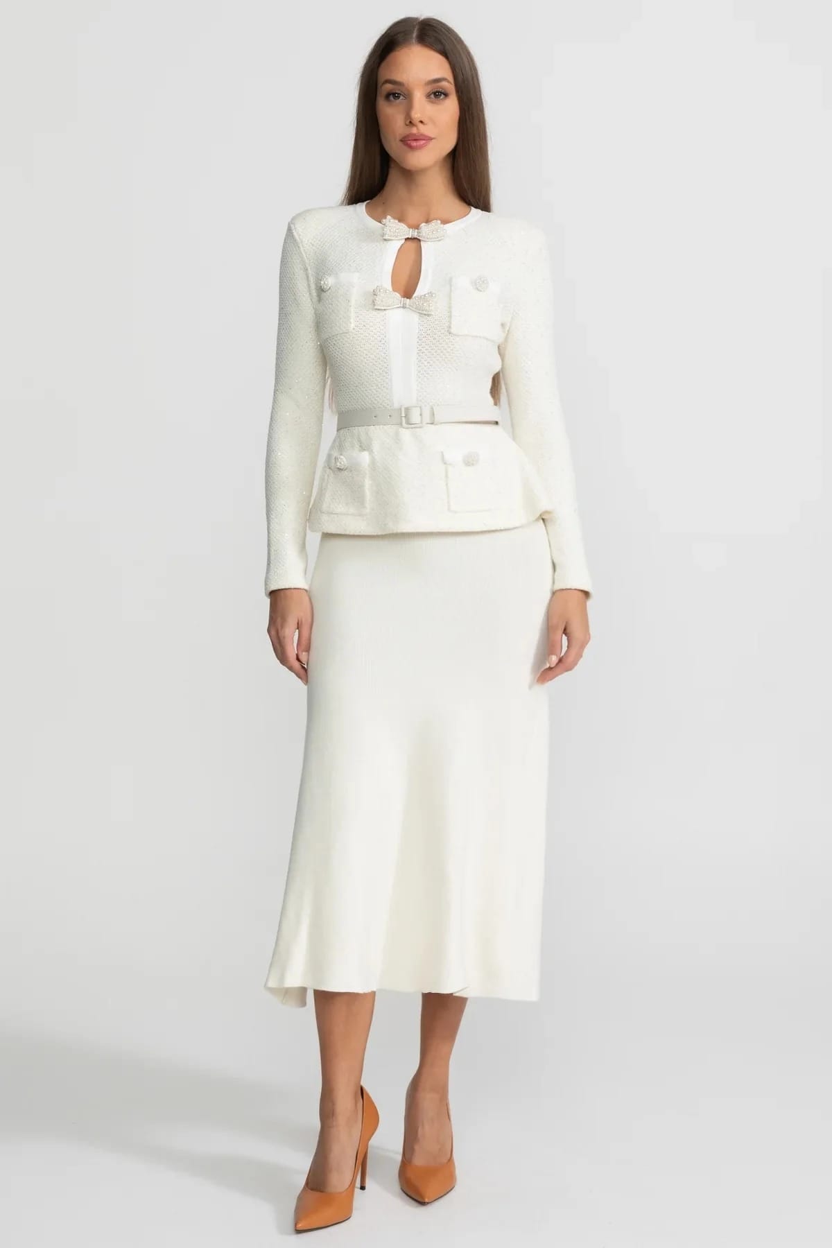 Two-Piece Set with Bow-Front Jacket and Midi Skirt - White