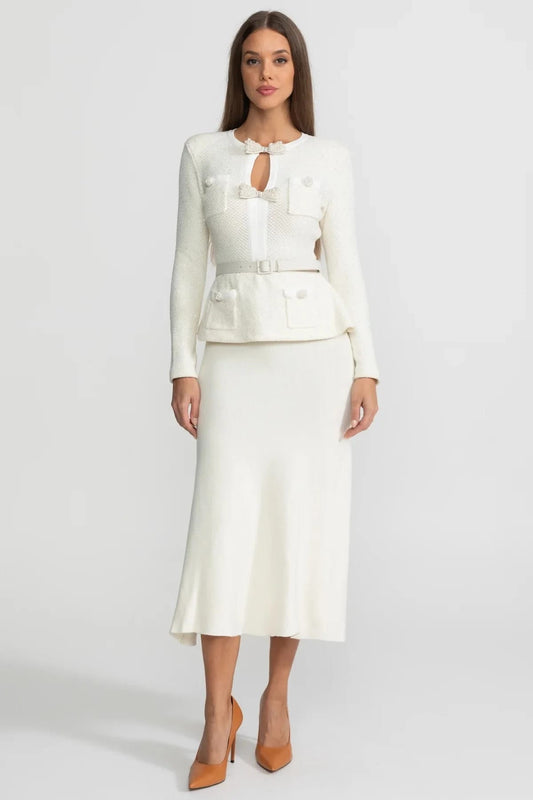 Two-Piece Set with Bow-Front Jacket and Midi Skirt - White