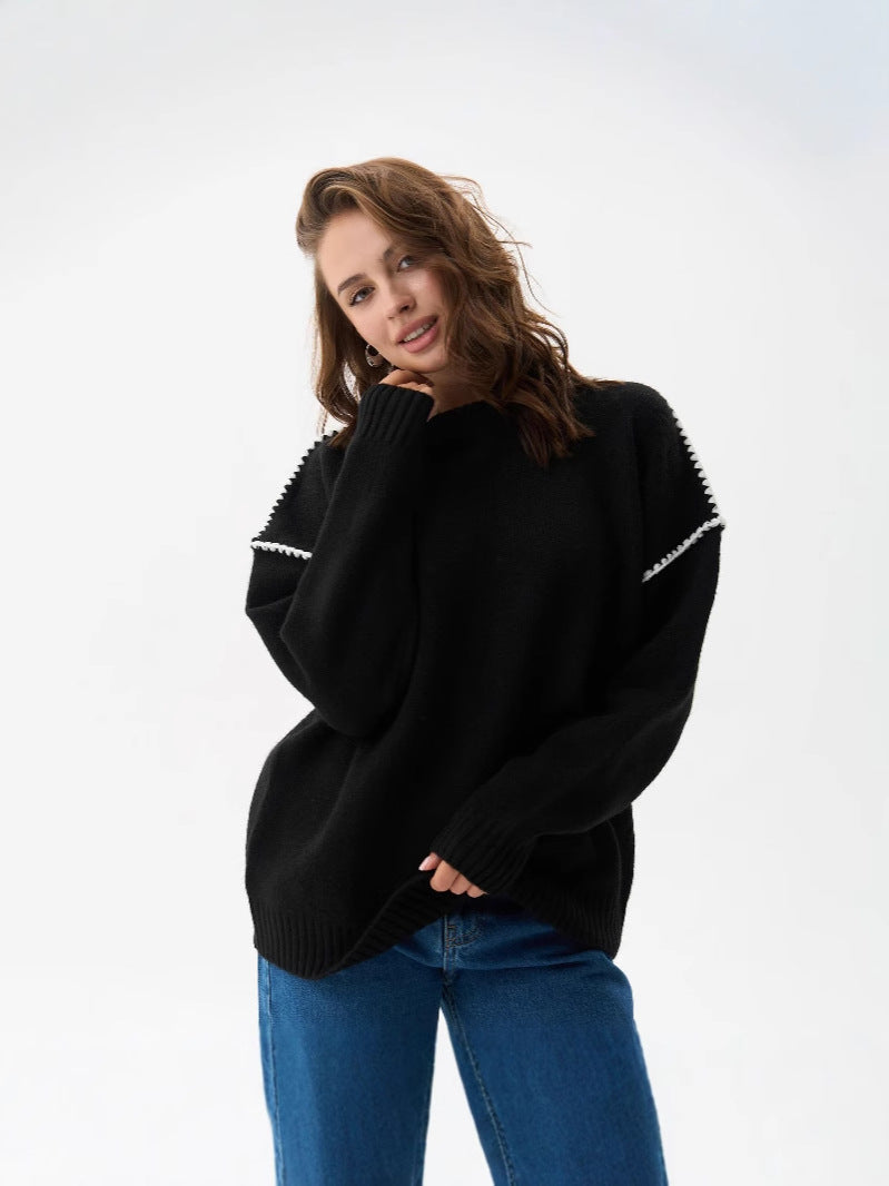 Sweater with Shoulder Stitching and Ribbed Trims - Black