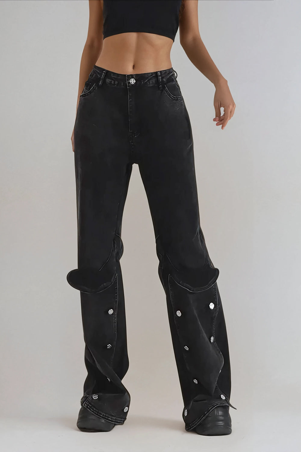 Straight-Leg Jeans with Decorative Buttons - Black