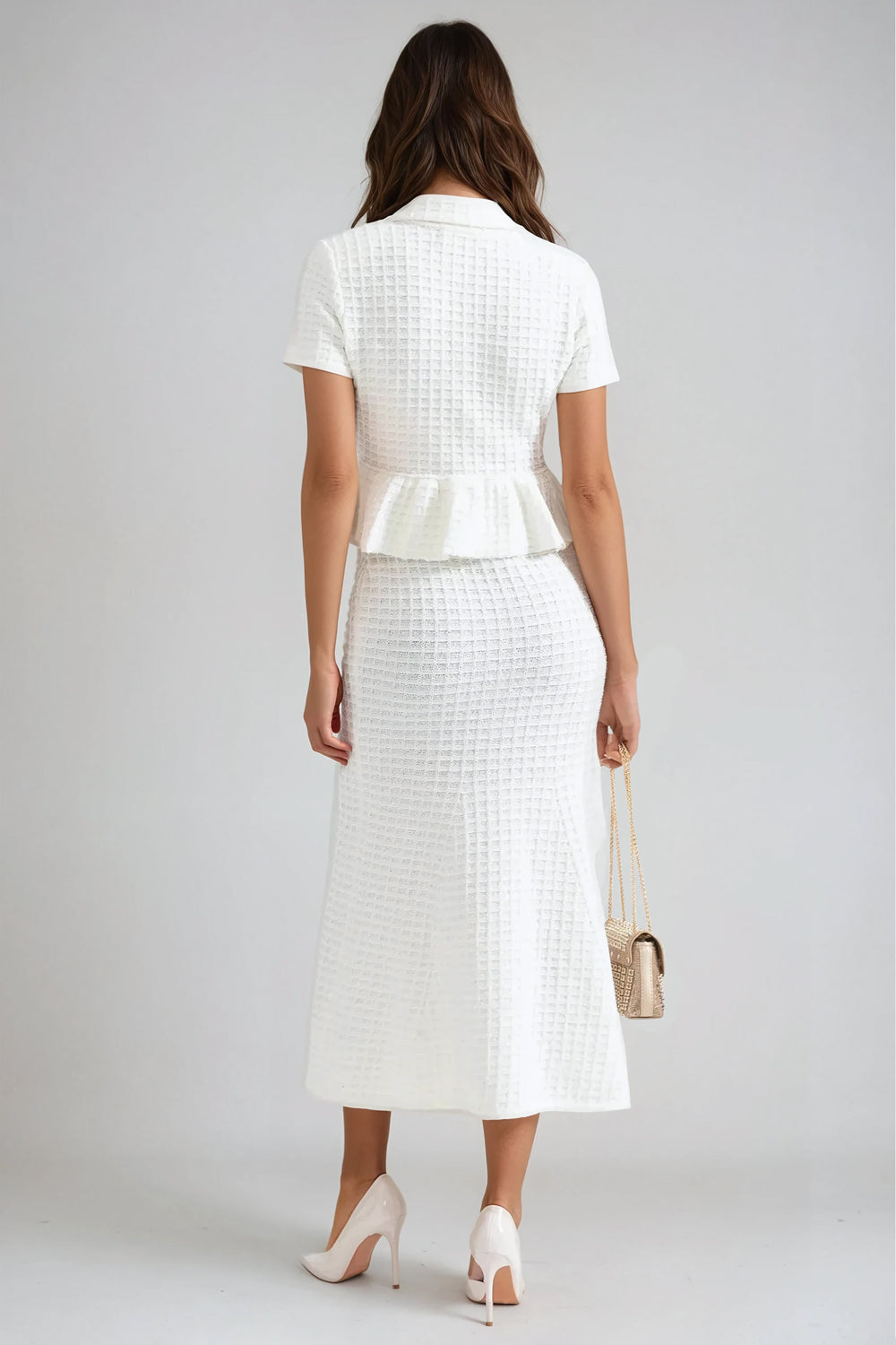 Two-Piece Set with Buttoned Cardigan and Ribbed Skirt - White