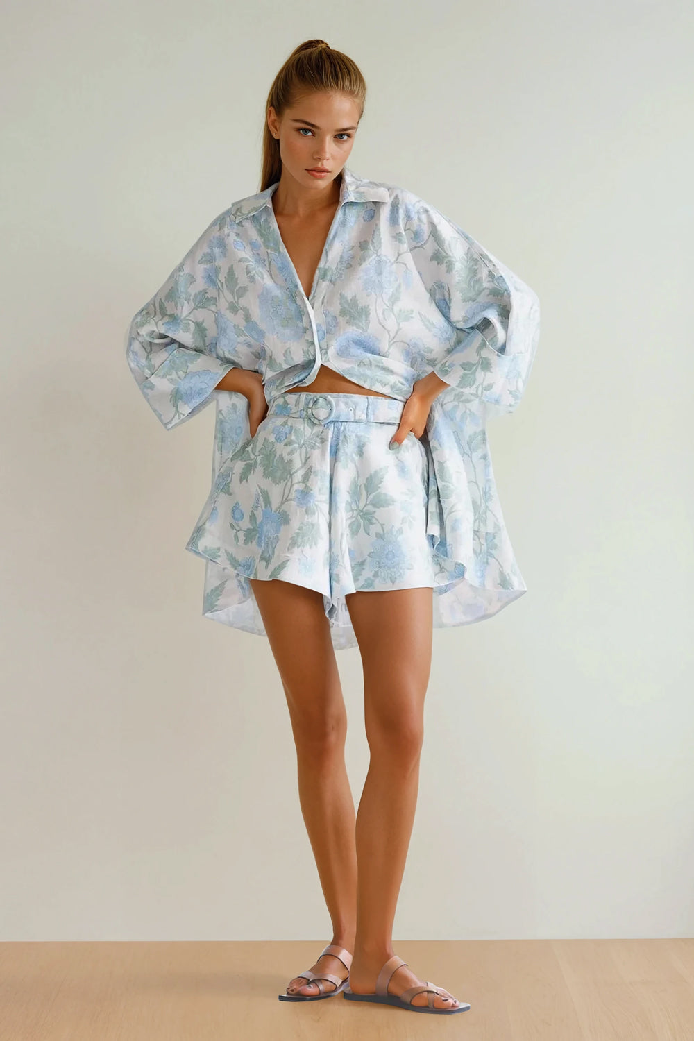 Two-Piece Set with Printed Oversized Shirt and Belted Shorts - Blue