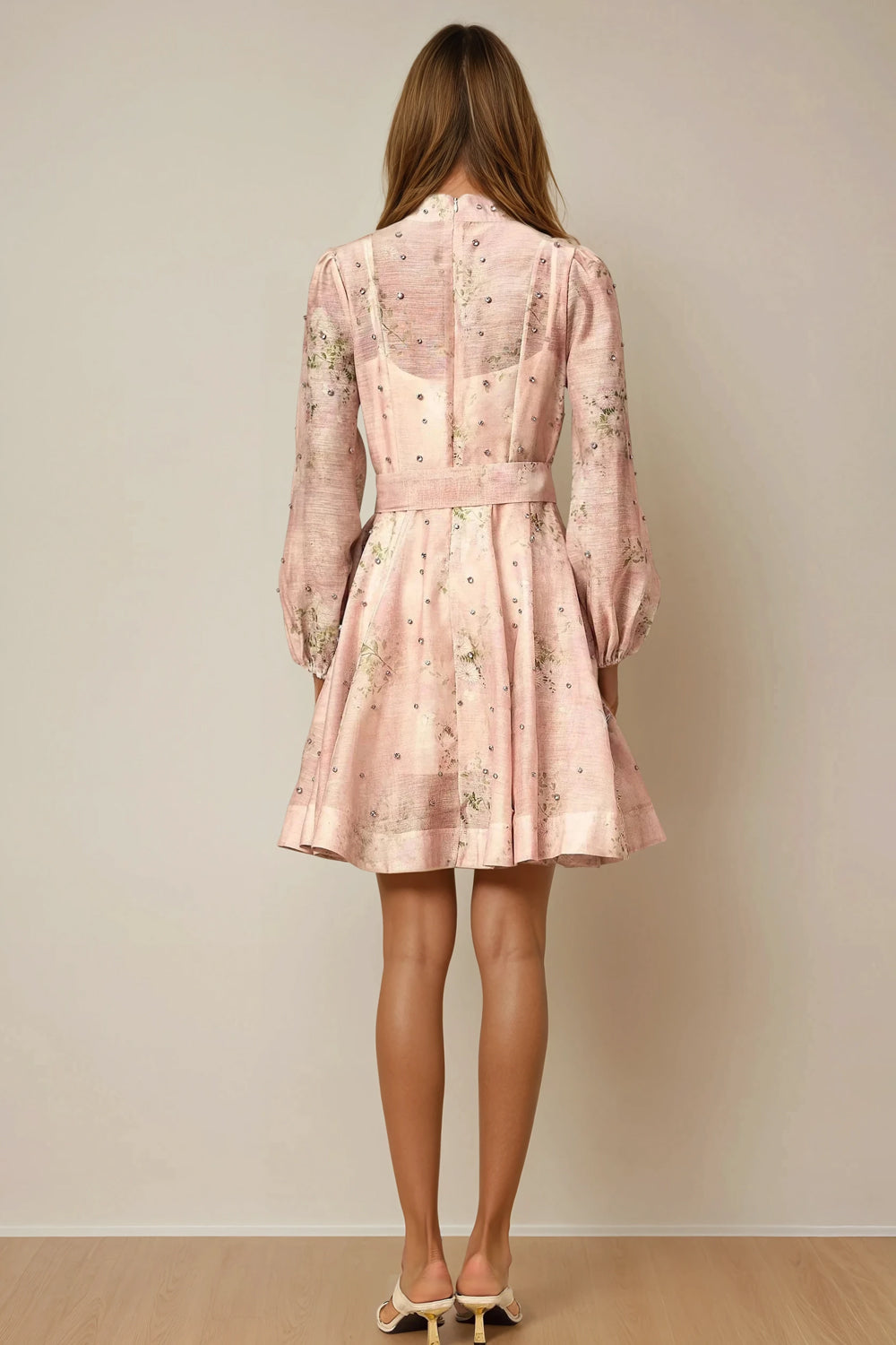 Mini Dress with Embellished Details and Belted Waist - Pink