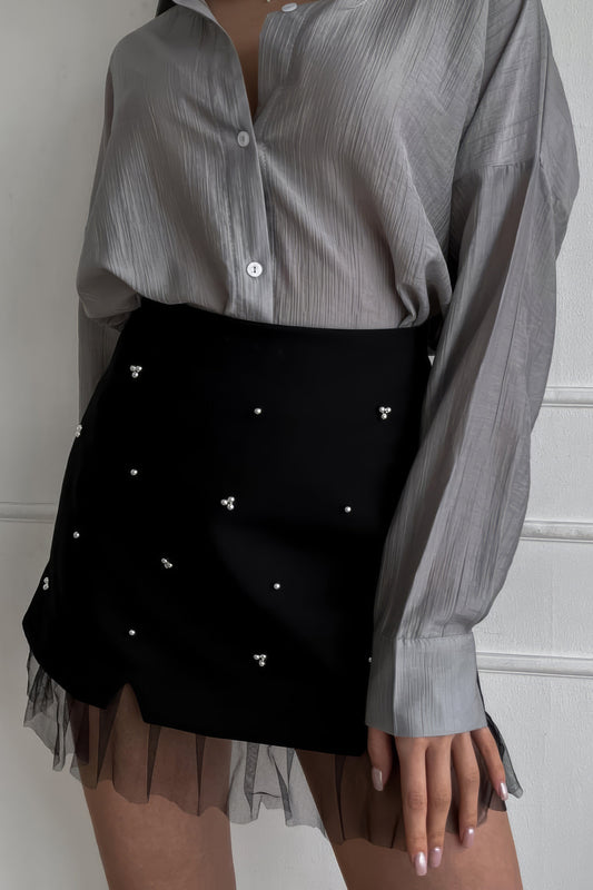Embellished Mini Skirt with Tulle Hem - Black