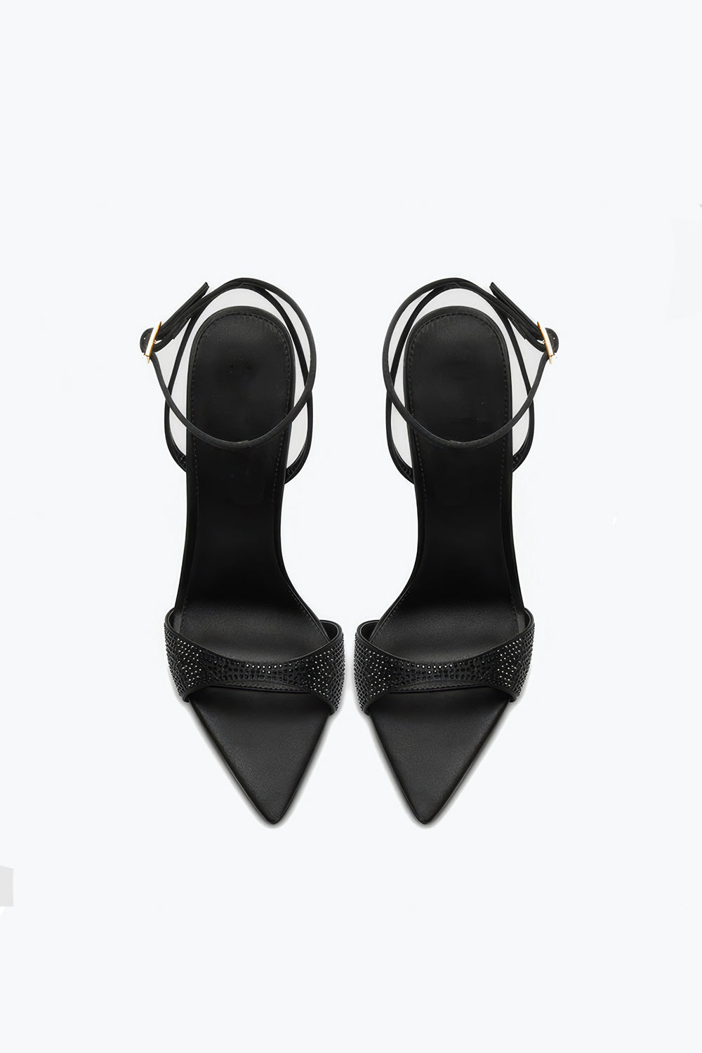 Slingback Heels with Ankle Strap and Studded Front - Black