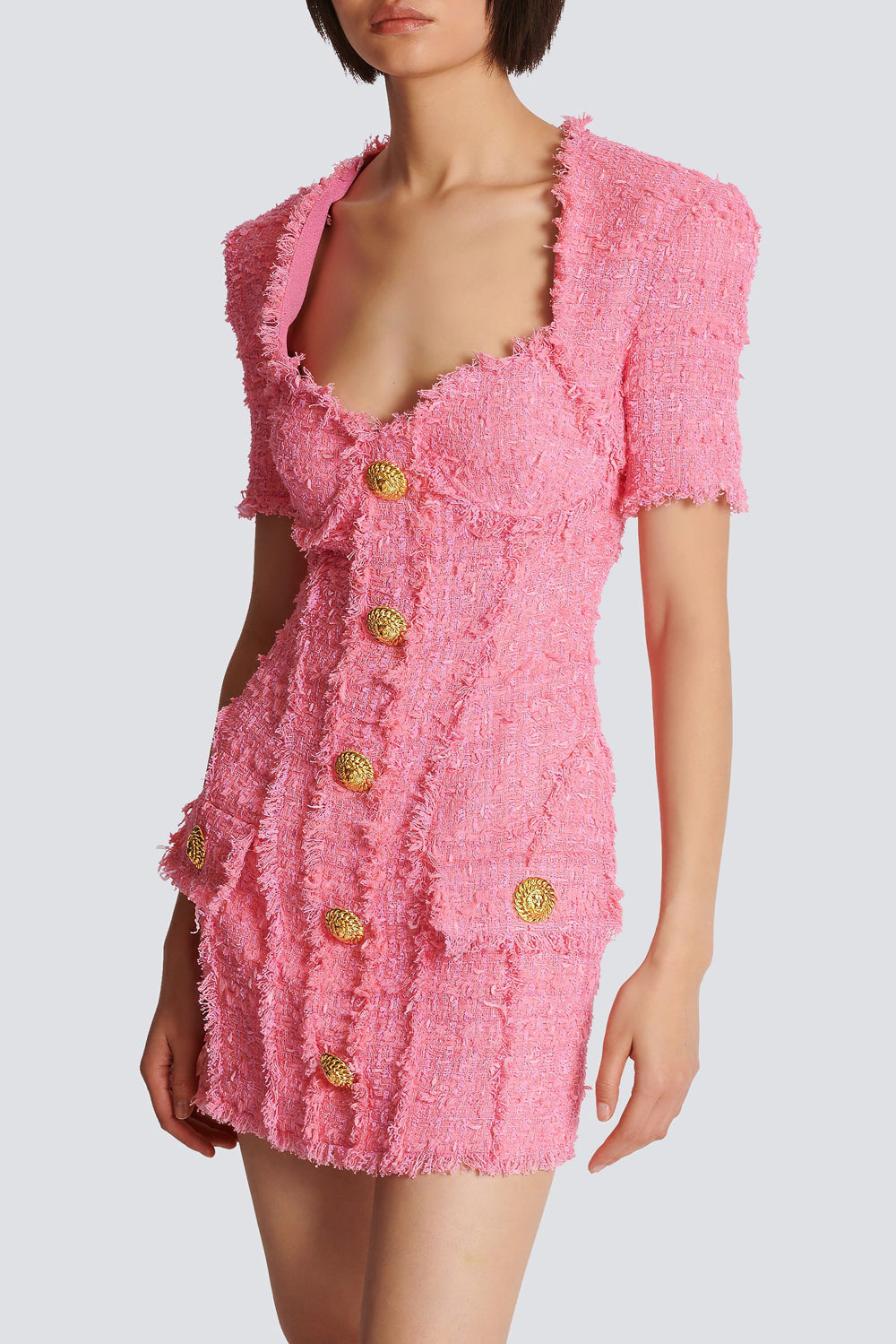 Textured Mini Dress with Gold Button Detailing
