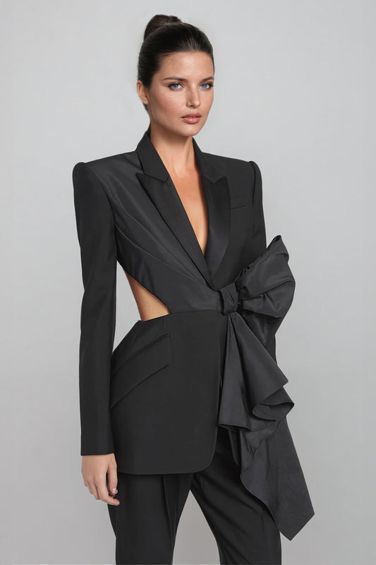 Tailored Blazer with Dramatic Bow and Open Back Detail - Black