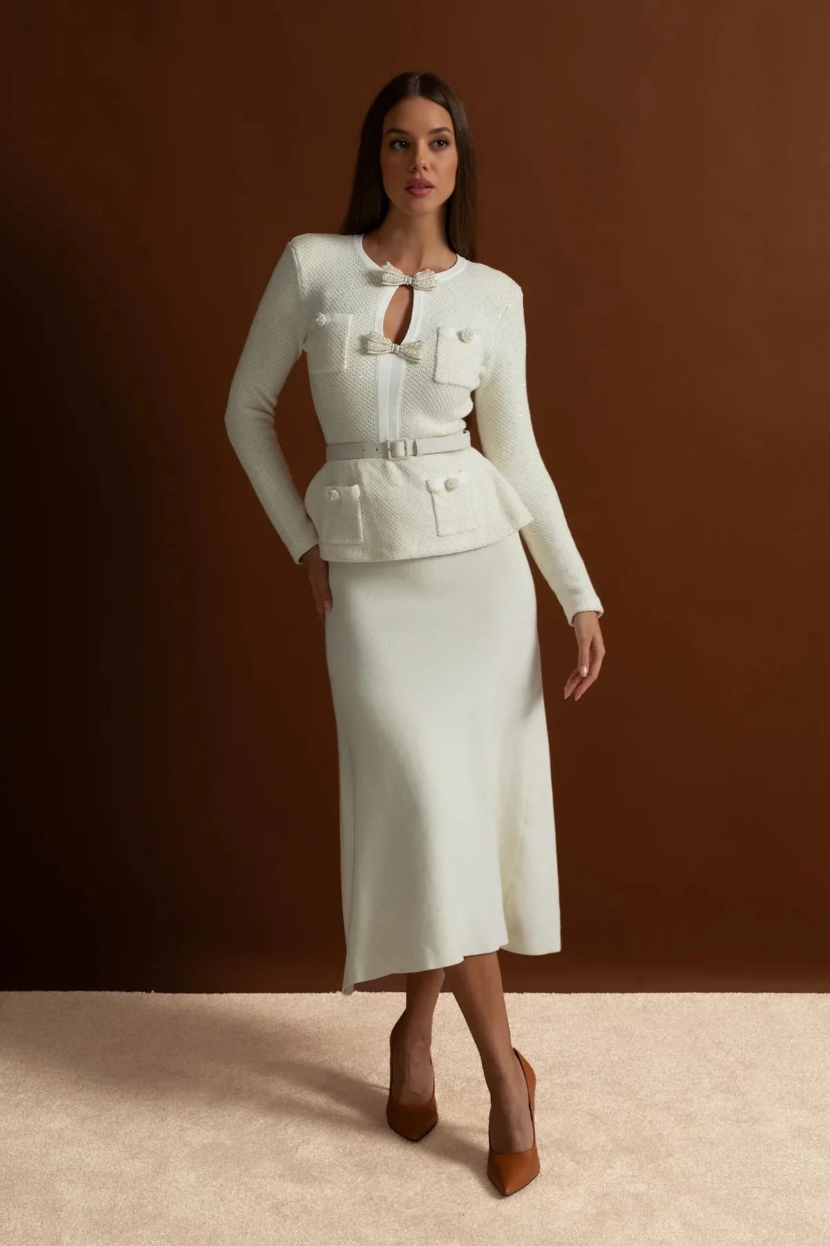 Two-Piece Set with Bow-Front Jacket and Midi Skirt - White