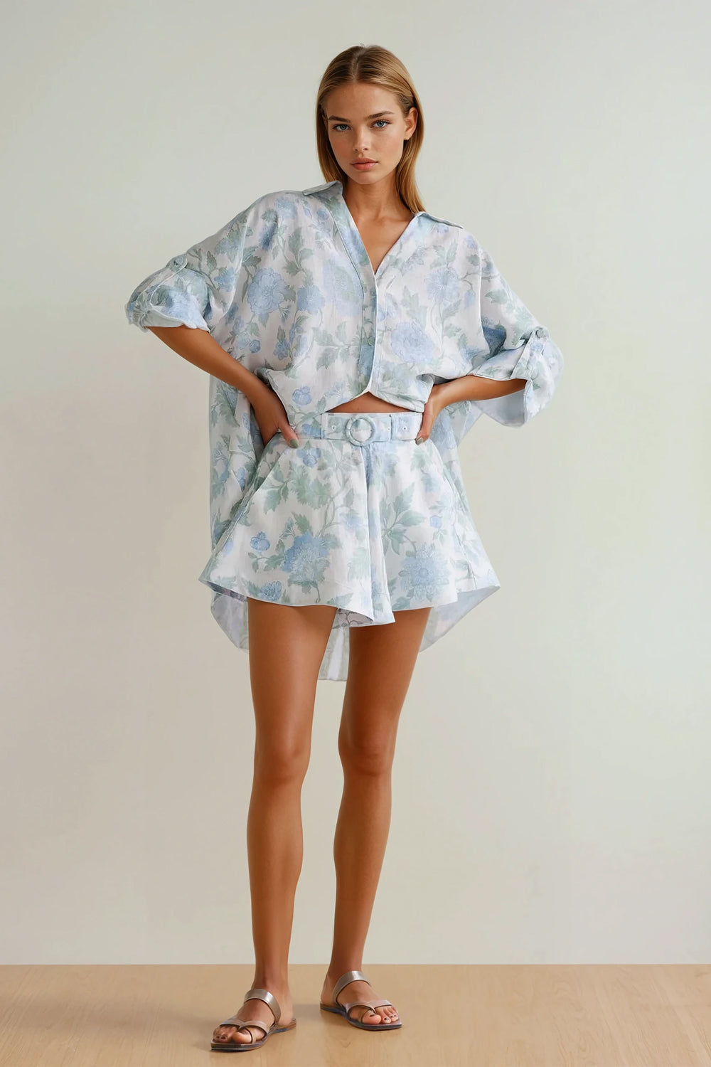 Two-Piece Set with Printed Oversized Shirt and Belted Shorts - Blue