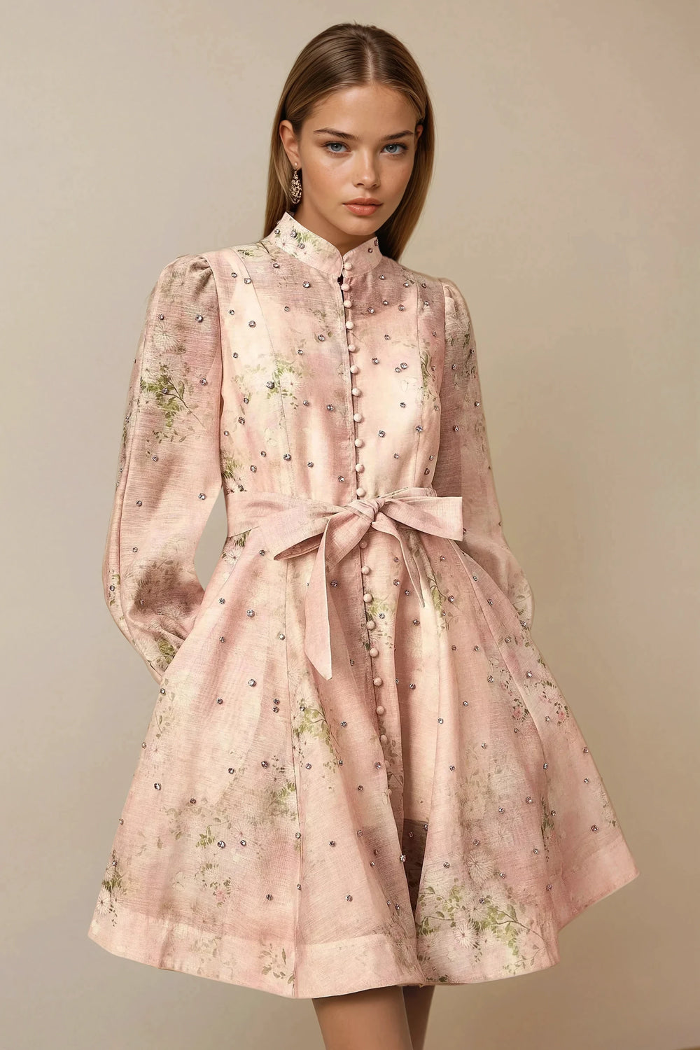 Mini Dress with Embellished Details and Belted Waist - Pink