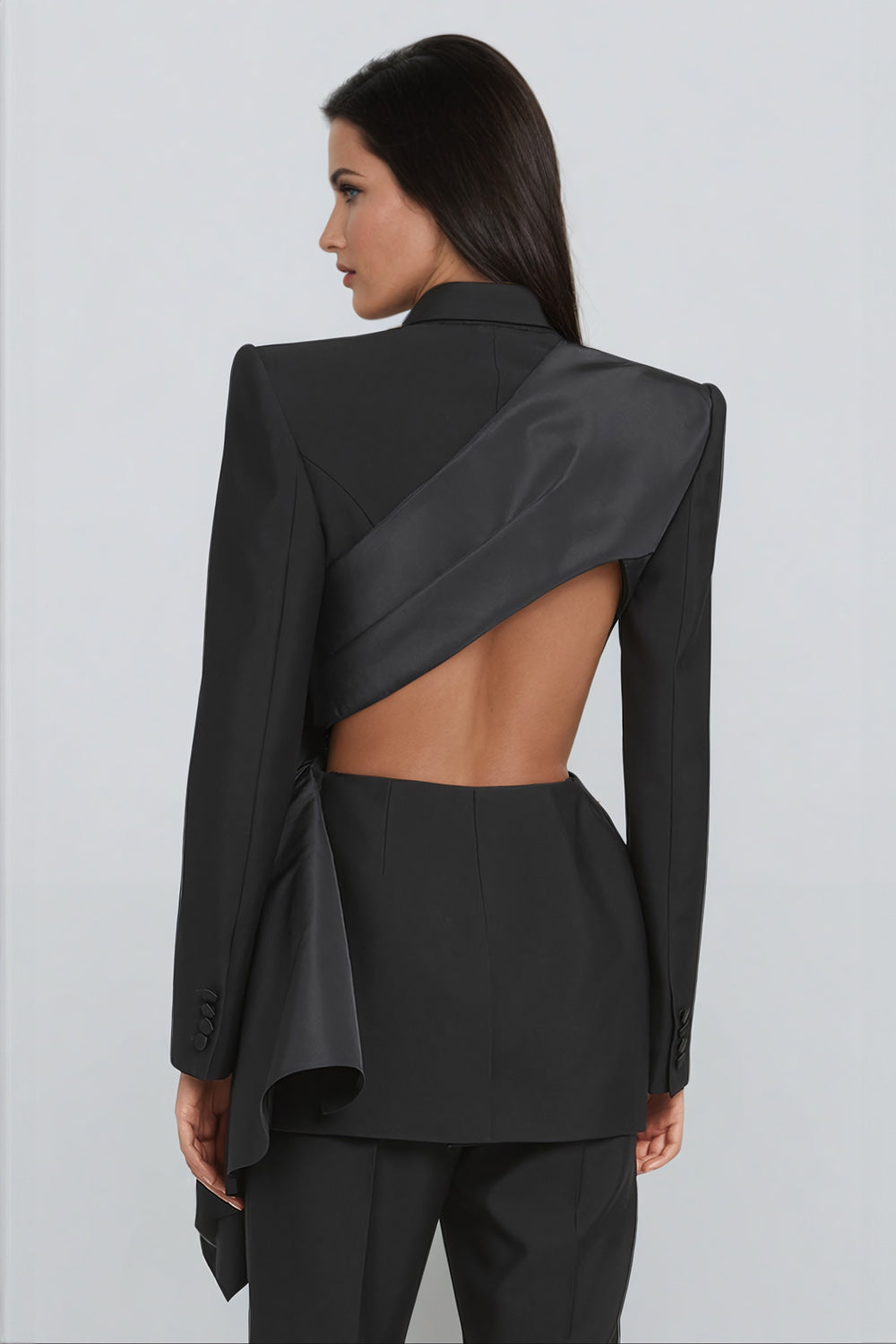 Tailored Blazer with Dramatic Bow and Open Back Detail - Black