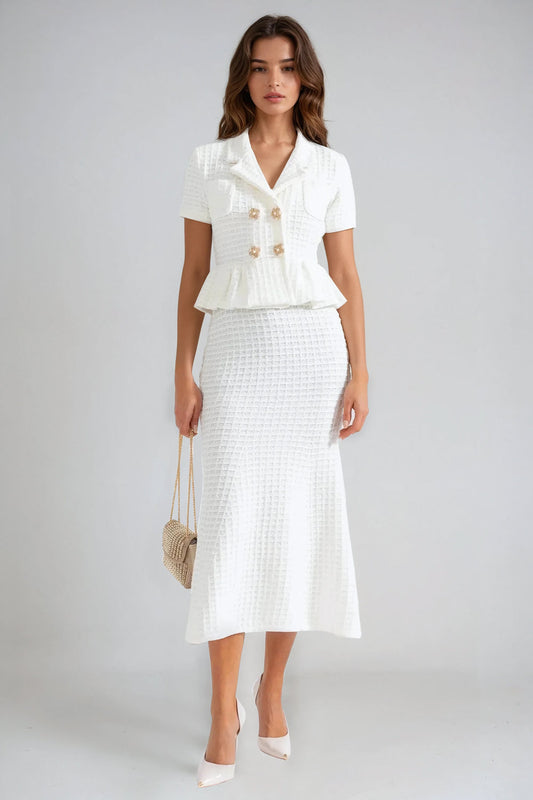 Two-Piece Set with Buttoned Cardigan and Ribbed Skirt - White