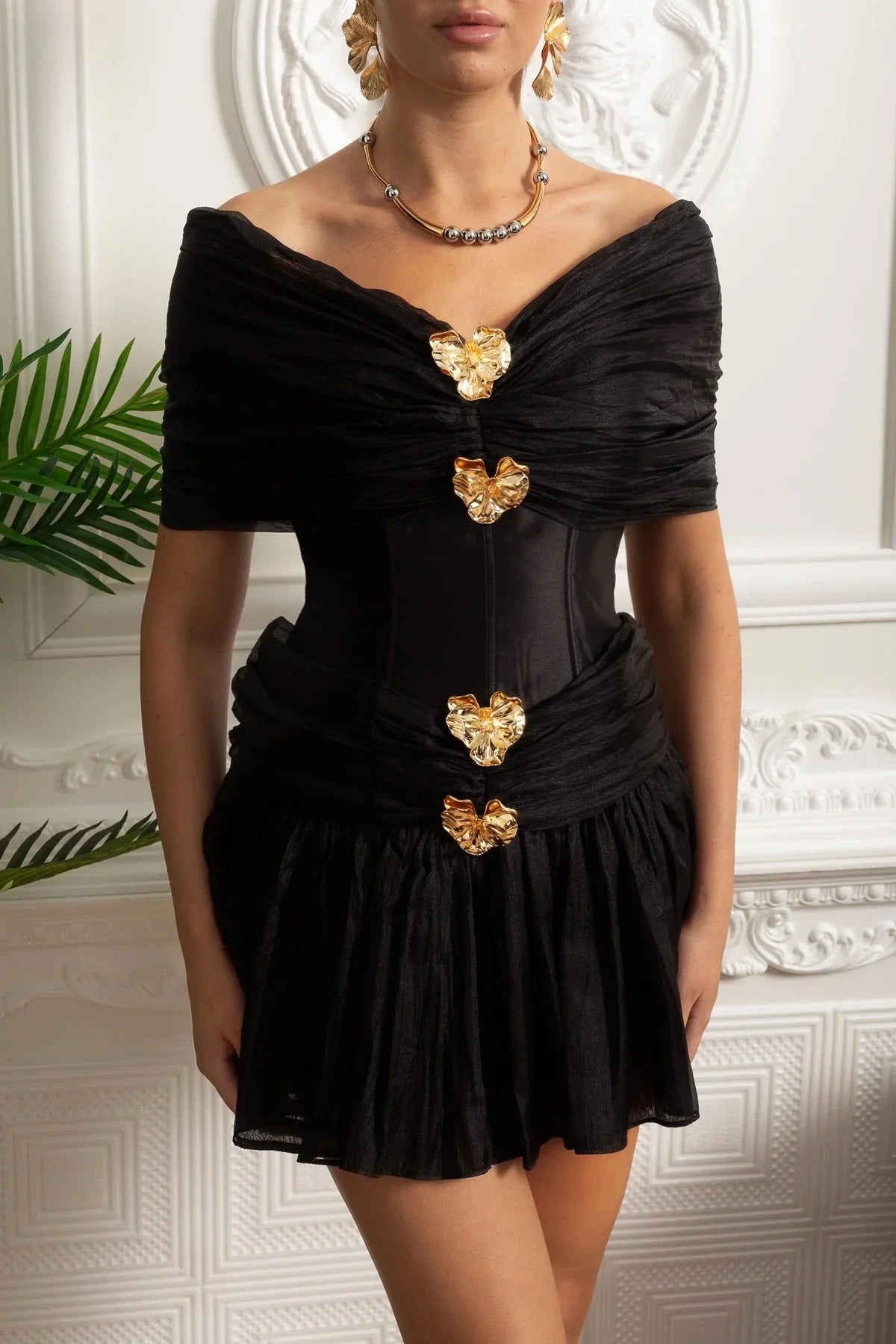 Draped Tulle Mini Dress With Corset Bodice and Gold Leaf Clasps - Black
