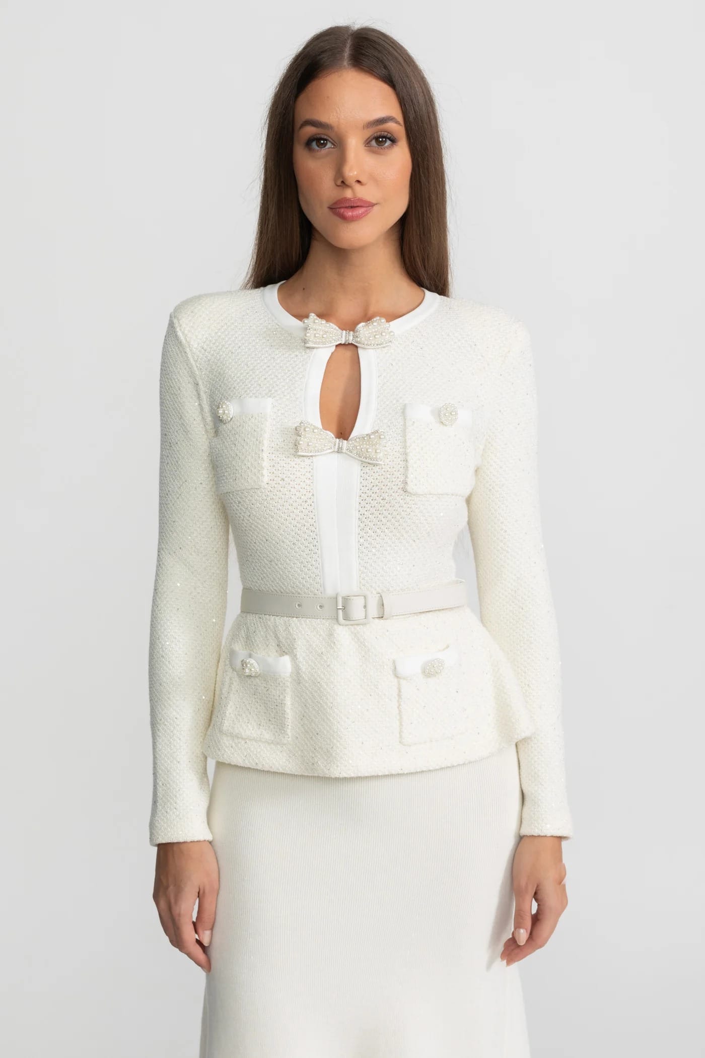 Two-Piece Set with Bow-Front Jacket and Midi Skirt - White