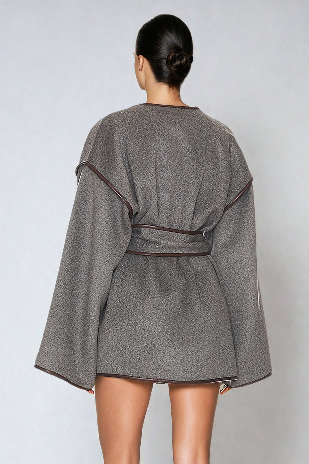 Belted Coat with Wide Sleeves and Patch Pockets - Gray