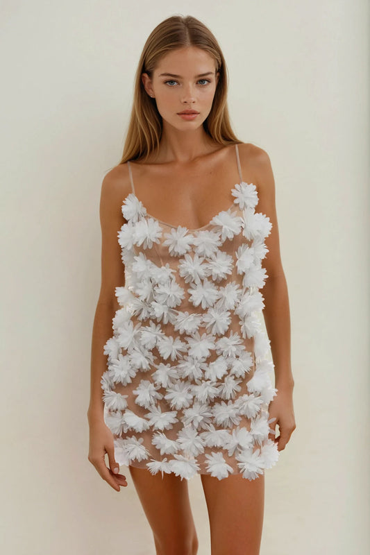 Mini Dress with 3D Petal Details - White