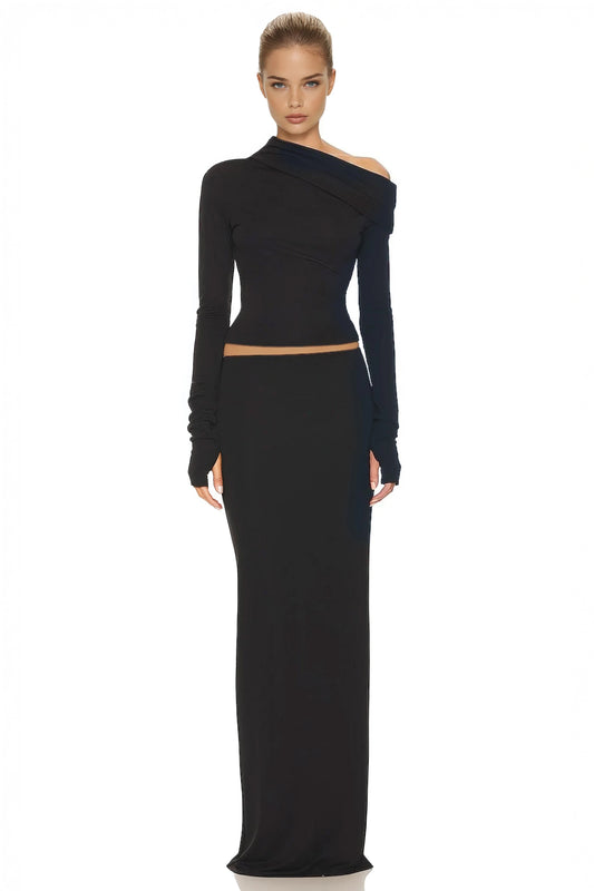 Two-Piece Set with Full Sleeve Skew Top and Maxi Skirt - Black