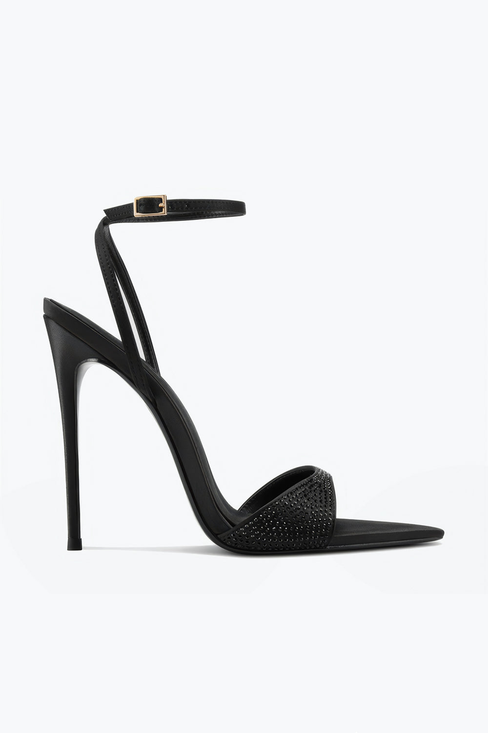 Slingback Heels with Ankle Strap and Studded Front - Black