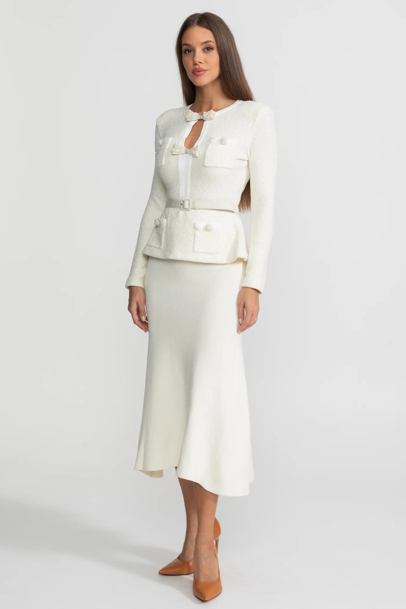 Two-Piece Set with Bow-Front Jacket and Midi Skirt - White