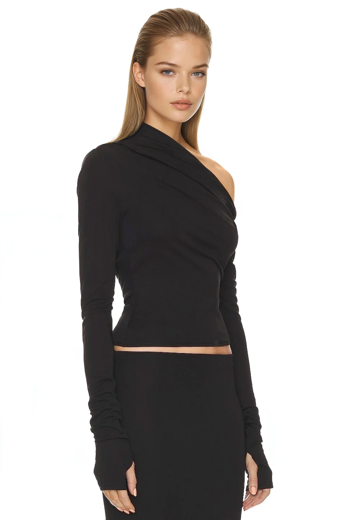 Two-Piece Set with Full Sleeve Skew Top and Maxi Skirt - Black