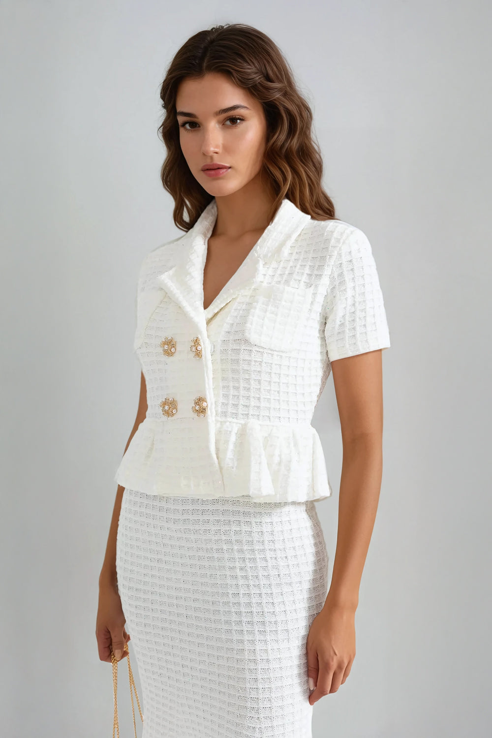 Two-Piece Set with Buttoned Cardigan and Ribbed Skirt - White