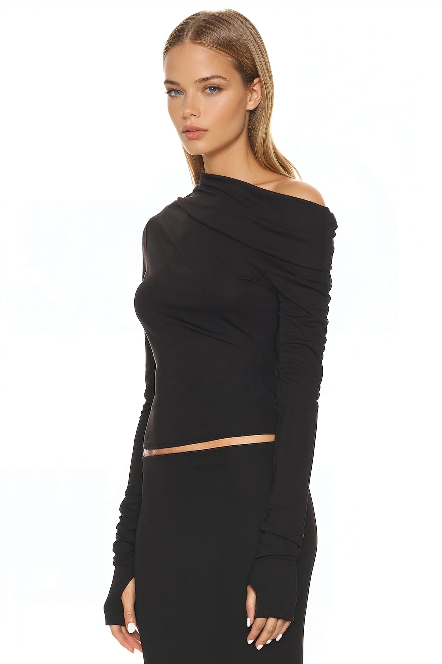 Two-Piece Set with Full Sleeve Skew Top and Maxi Skirt - Black