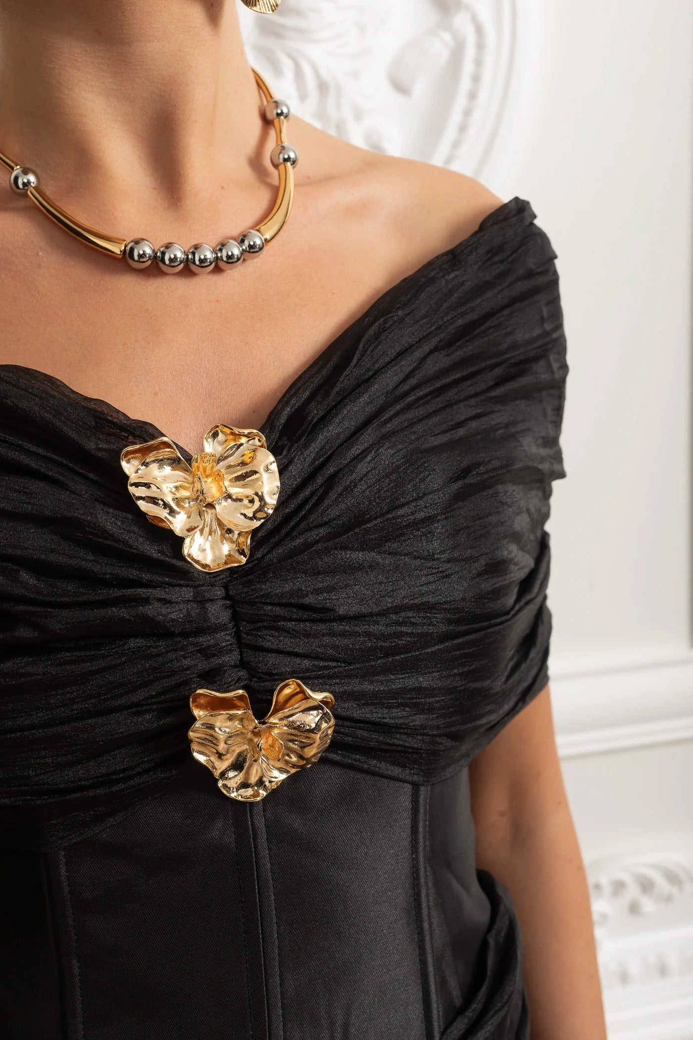 Draped Tulle Mini Dress With Corset Bodice and Gold Leaf Clasps - Black