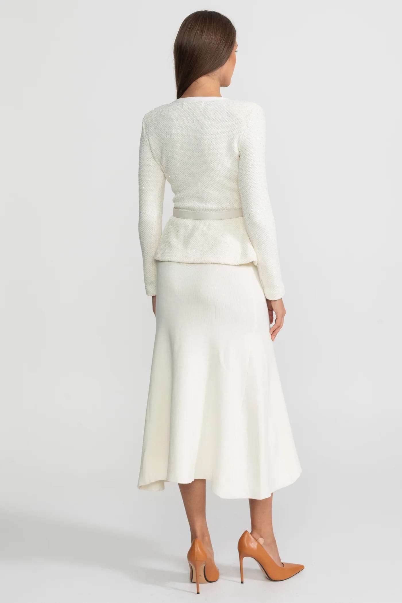 Two-Piece Set with Bow-Front Jacket and Midi Skirt - White