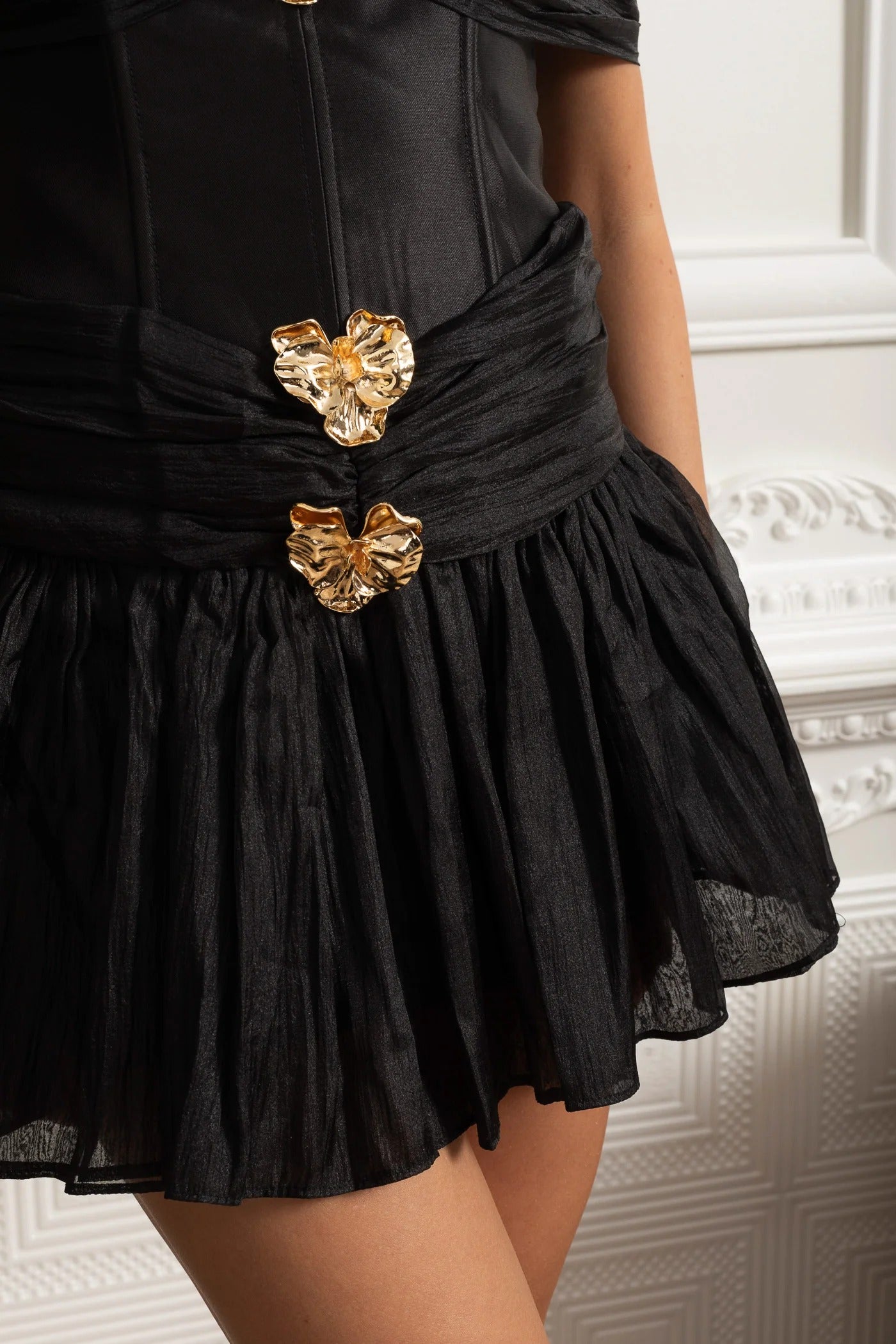 Draped Tulle Mini Dress With Corset Bodice and Gold Leaf Clasps - Black