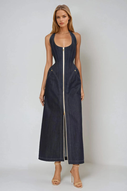 Halter Neck Zip-Up Maxi Dress - Blue