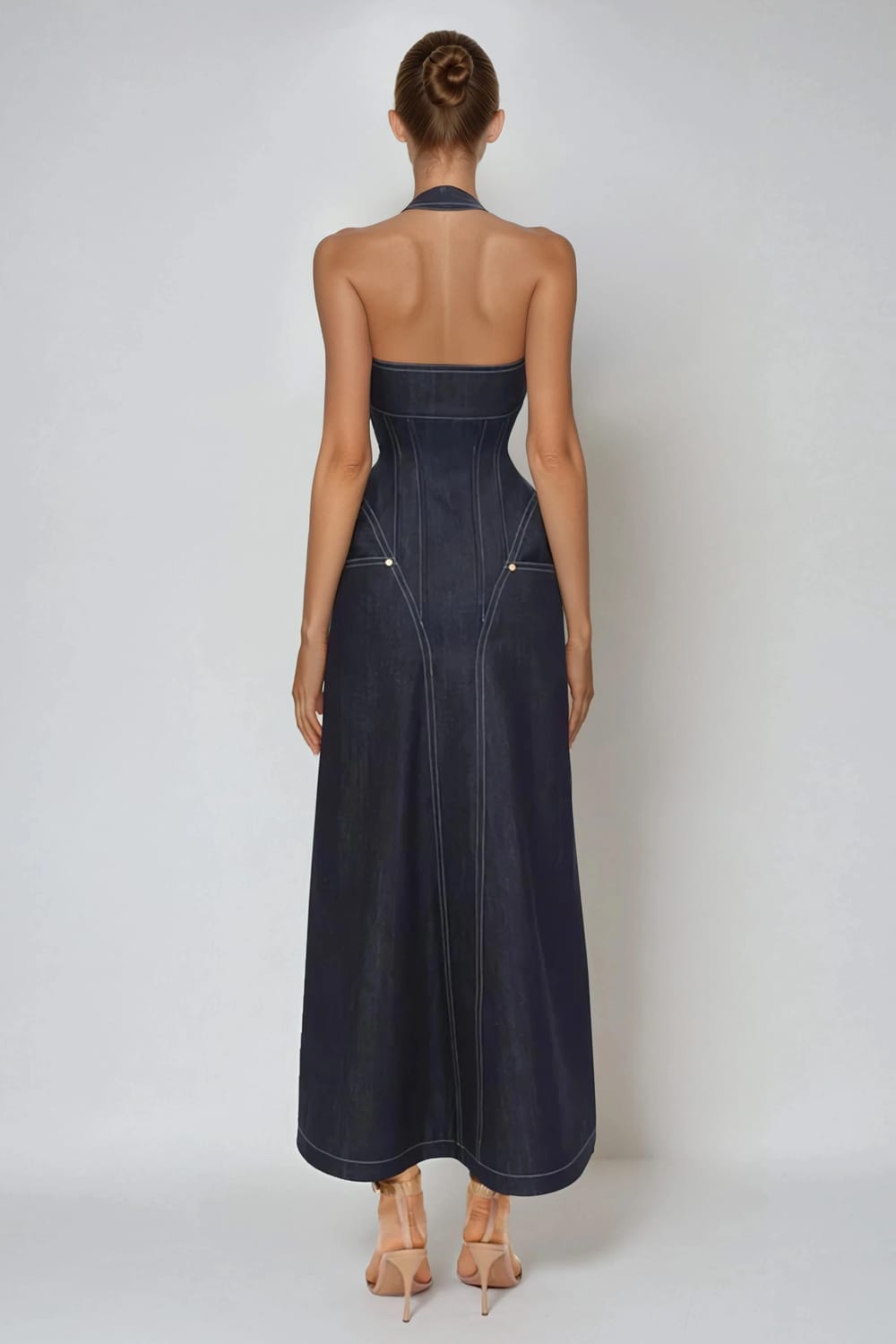Halter Neck Zip-Up Maxi Dress - Blue