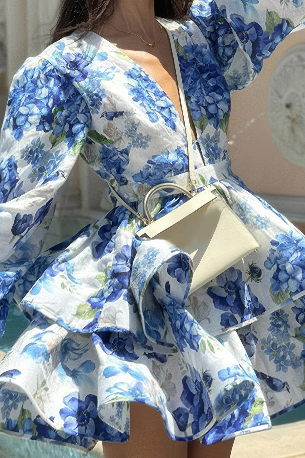 Floral Puff Sleeve Mini Dress with Layered Ruffles